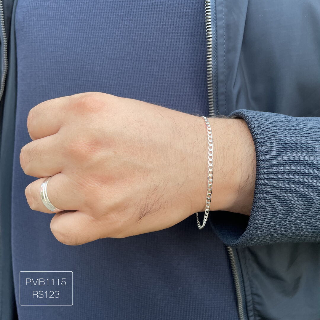 Pulseira Elo Grumet Alongada Fina Lisa Prateada